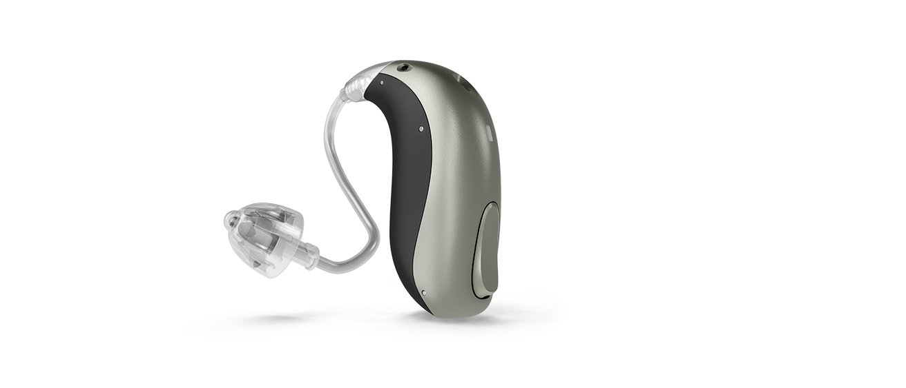Metalic silver MNB T R hearing aid with thin tube and a dome.